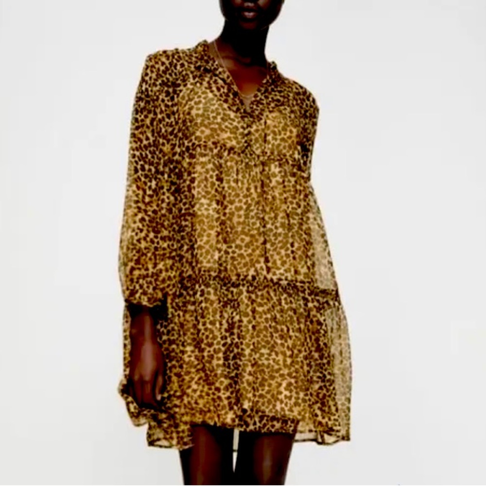 ZARA Sheer, Airy tiered Cheetah Print Dress with attached Slip & ruffle neck🔥